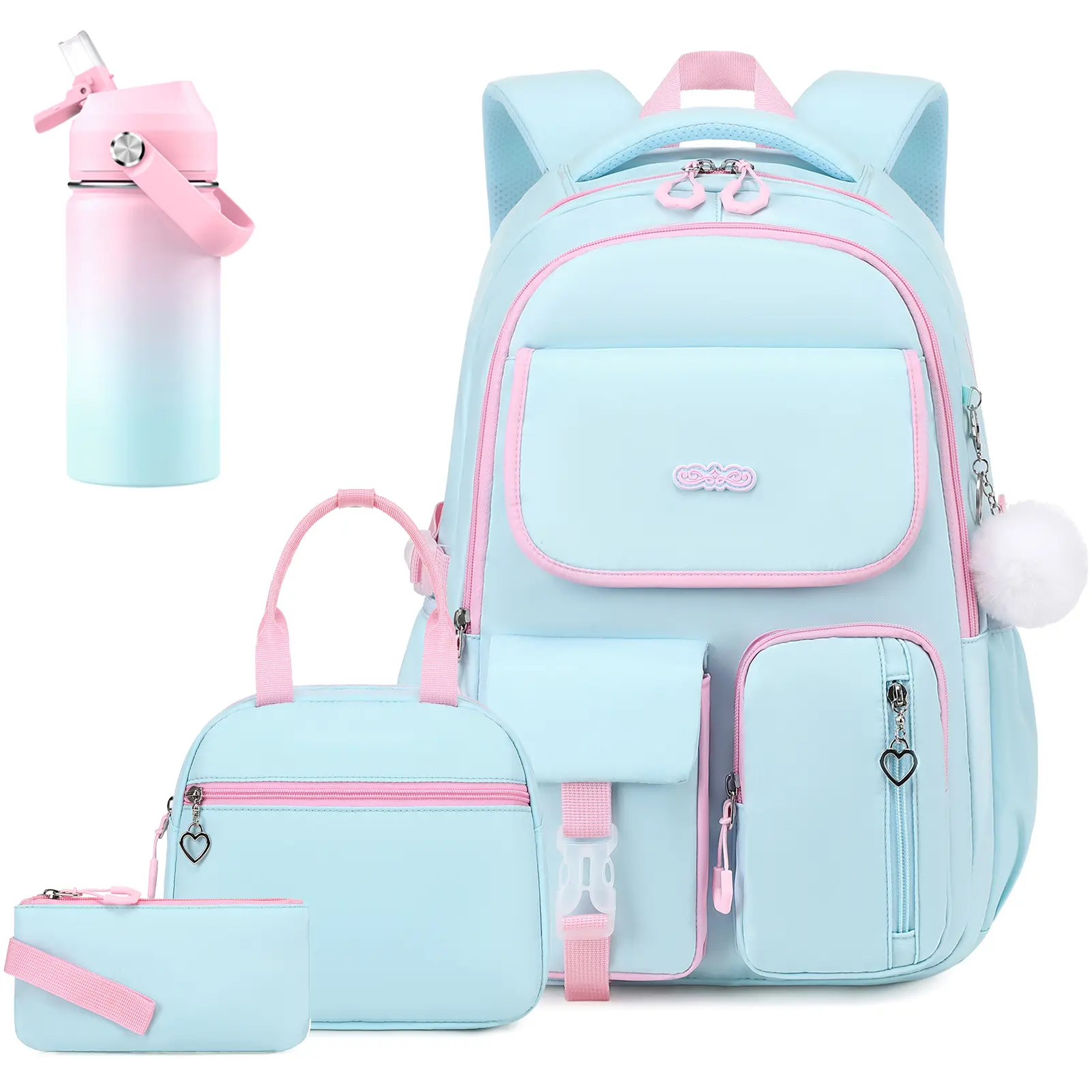 SIMILOVE Girls' 4PCS Backpack Set - Cute Stylish Daypacks, Backpacks for School, 17.7*12.2*7.1in Bookbag with 3 Front Pockets, Reflective Strips, Breathable Mesh, 14oz Insulated Water Bottle, Lunch Bag, Pencil Pouch (6-18Yrs Birthday Party Gift Supplies)