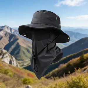 Outdoor wide-brimmed sun hat, solid color, foldable brim, beach fishing hat, suitable for beach fishing, hiking, outdoor work, breathable, drawstring closure, men's and women's, elastic breathable mesh ice silk face shield to block mosquitoes.
