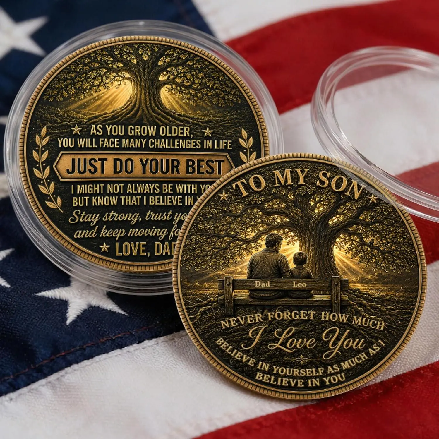 Dad to Son Inspirational Challenge Coin, Custom Names with Inspirational Positive Gift, Encouraging Keepsake for Little Boy, Adult Son