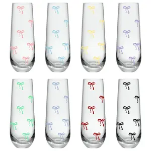 Set of 4/8 Bow Pattern Stemless Champagne Flutes, Cocktail Glasses, 8oz/240ML Prosecco, Mimosa Glasses, Great for Weddings and Parties