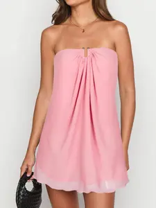 Women's Solid Color Tulle Overlay Tie Shoulder Cami Dress, Sexy Fashion Casual Backless Short Dress for Party Club Dating Wear, Women Dress for Summer