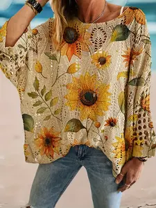 Plus Size Women's off Shoulder Batwing Sleeve Knit Top with Rhombus Cutout and Floral Print, Casual Summer Fashion