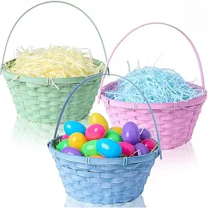 3 Pcs Easter Bamboo Baskets, Blue, Pink, Green Round Woven Goodie Basket with Folding Handle, Empty Gift Basket for Easter Egg Hunt, Kids Party Treats Picnic Favors,Easter decorations,Filled Easter baskets,Large Easter baskets,Stylish basket