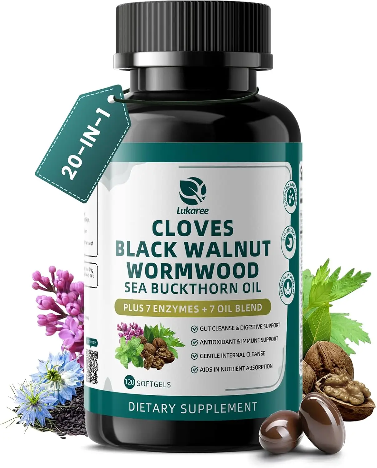 Wormwood Black Walnut Clove Cleanse for Humans Softgels | 20-in-1 Extra Strength | Gut Cleanse & Digestive Health w/ 7 Oils & 7 Enzymes| Concentrated, Men & Women Natural Herb -120 CT