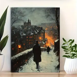 1pc 12x16 Inch Framed Canvas Art Print - Watching Over Edinburgh Cityscape, Moody Gothic Architecture & Spooky Cottagecore Romanticism, Dark Academia Wall Decor for Home, Office, or Gothic Room Aesthetics, Office Artwork, Ghostly Figure Artwork, 2D Flat	