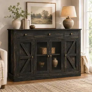 HOMBCK 55" Large Coffee Bar Cabinet with 4 Doors and 3 Drawers, Buffet Cabinet with Plexiglass Doors, Kitchen Cabinet with Adjustable Shelves for Dining Room