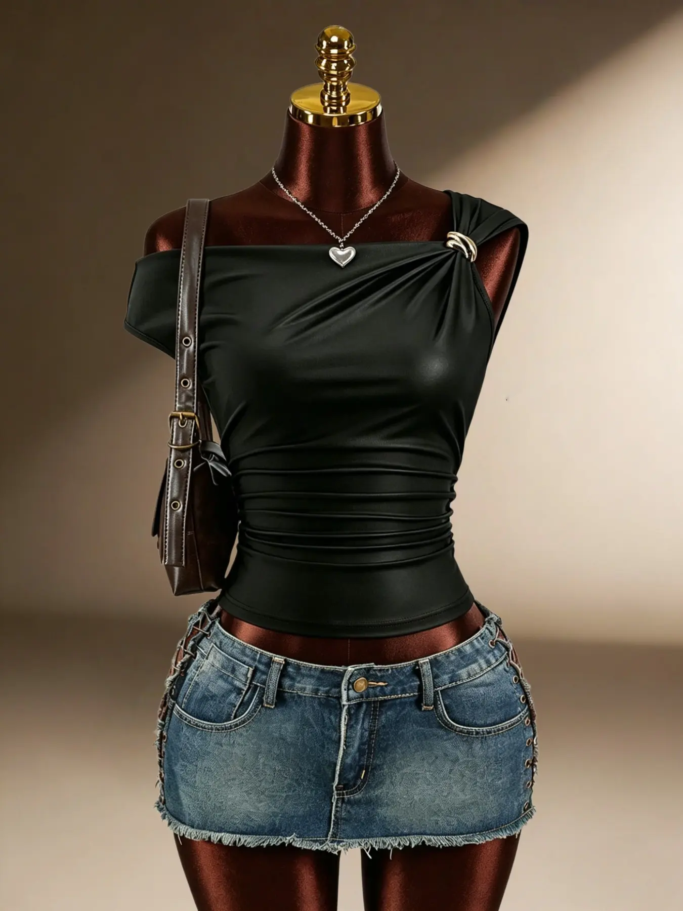 Women's Asymmetrical One-Shoulder Top, Pleated Leather Tight-Fit Vest with Ring Decoration, Stylish Fashion Apparel, Womenswear