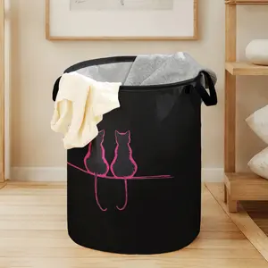 Valentine's Day Cat Print Laundry Basket with Handle, Durable Halloween Foldable Dirty Clothes Storage, Large Capacity Toy Organizer