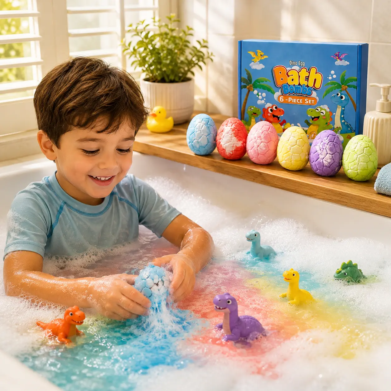 Playful Dinosaur Egg Bath Bombs for Kids (6-Pack) - Fizzy Bubble Body Care Set with Surprise Dino Toys, Gentle Cleansing Hydrating Botanical Formula (Clove, Papaya, Lily, Osmanthus, Bilberry, Tea Leaf Extracts) for Discovery Play
