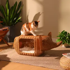 Elephant-shaped indoor cat bed, handwoven from willow strips with a thick, soft cushion