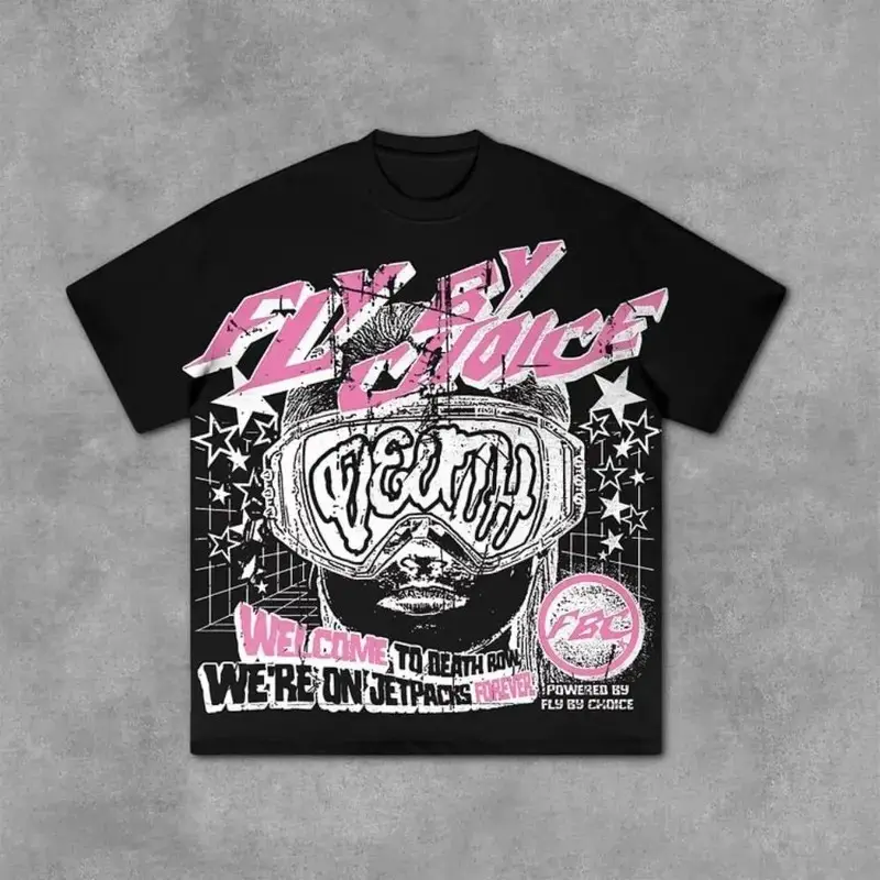 Y2K Vintage Fly By Choice Death Row Graphic Tee Oversized Streetwear T-Shirt Heavyweight 100% Cotton Short Sleeve Top Unisex Casual Gothic Harajuku Aesthetic Gift