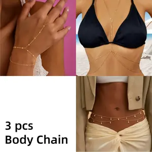 3 Piece Golden Body Chain Set - Waist Chain, Chest Chain, and Hand Back Chain Bracelet, Bohemian Style Women's Body Accessory, Suitable for Beach, Party, and Daily Dressing Scenes