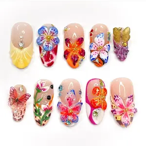 3D Flower Summer Press on Nails Medium Almond, 24pcs Colorful Butterfly Floral Design Pretty Beach Vacation Nails for Women, Glossy Gold Beads Rhinestones Charms French Tip Glue on False Nails
