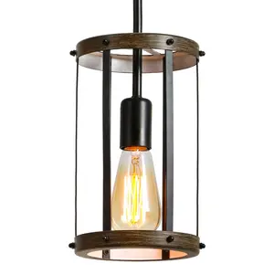 Vintage Rustic Pendant Light Metal Cage Pendant Lamps with Adjustable Length Farmhouse Caged Hanging Lamp for Kitchen Island Living Room Dining Room Entryway E26(1 Light)
