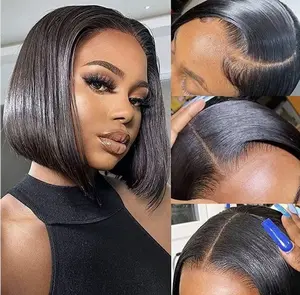 [New] 2x6 Wearable Glueless Bob Wig Human Hair Pre-Plugging Pre-Cut 200% Density 2x6 Lace Closure Bob Wig Suitable for Black Women Human Hair Glueless Straight Bob Lace Front Wig Suitable for Beginners Short Wig Human Hair