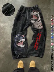 Men's Casual Loose Cotton Sports Pants, Tiger Leopard Graphic, Street Style, Drawstring Waist, Ankle Length, All Seasons, Casual Sporty Pants