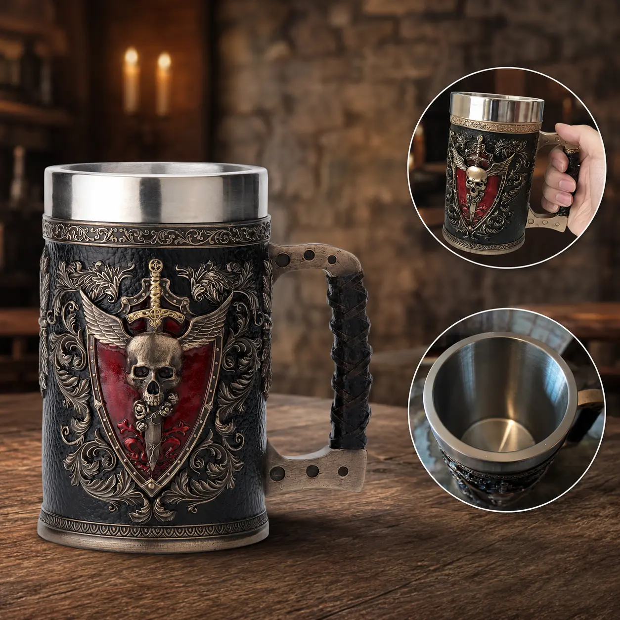 The Armored Kingdom Medieval Red Skullblade 15oz Stainless Steel Novelty Design Skull Mug - Steel Insert, Ceramic Accents, Engraved Dragon & Skull Print, Reusable, Sturdy Washable Kitchen Drinkware for Warriors, Novelty Design Mugs, Skull Mugs