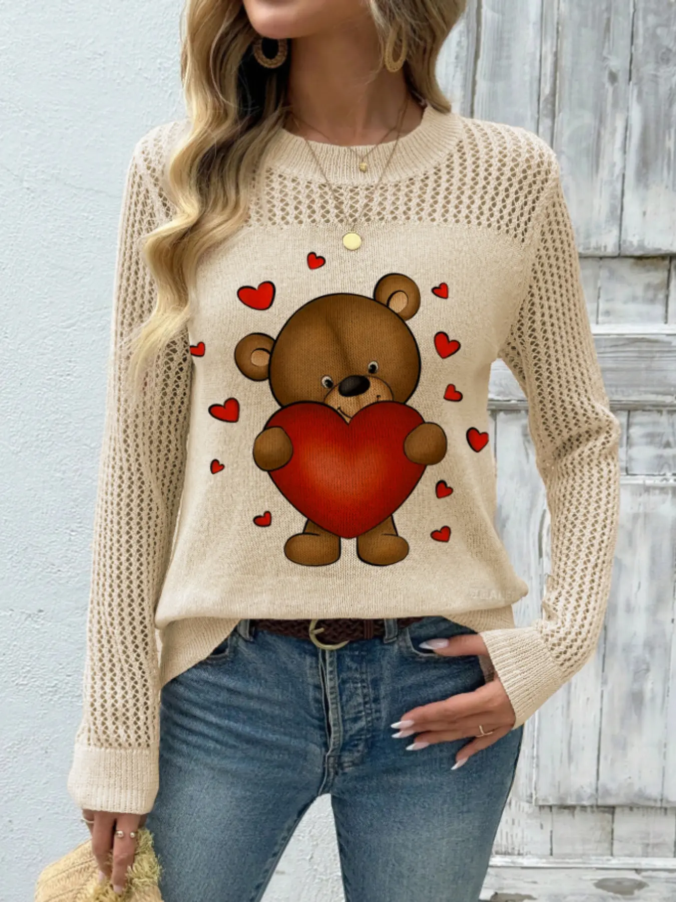 Women's Cartoon Bear Print Stand Collar Fitted Sweater, Fall Winter Casual Style Aesthetics Long Sleeve Knitwear, Comfortable Warm Daily Wear