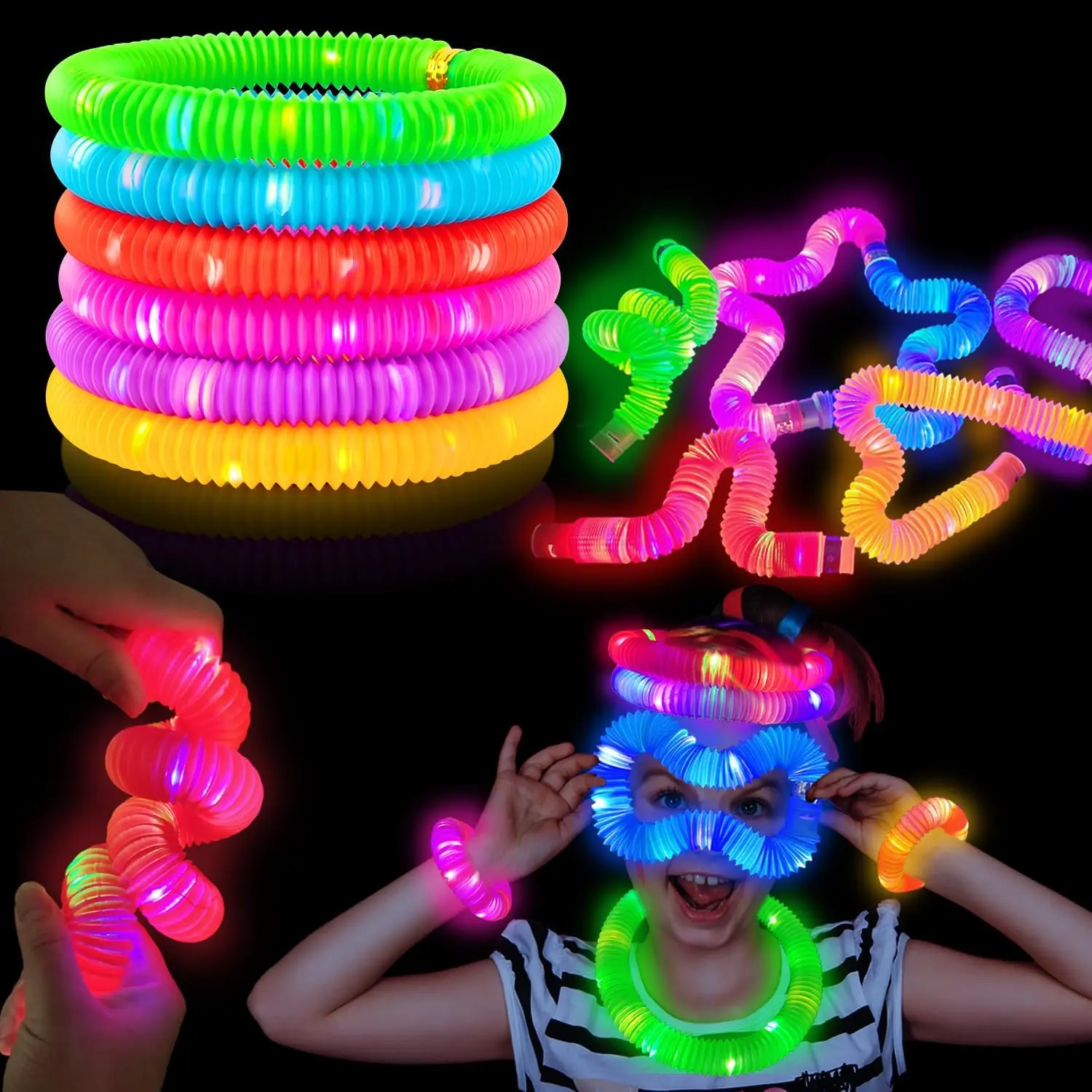 Glow Sticks Camping Essentials for Toddlers 6 PCS Light Up Pop Tube Party Favors Toys Gifts for Kids LED Bracelet Necklace Accessories for Children,Fun Camp Games Activities Gear Stuff for Boys Girls