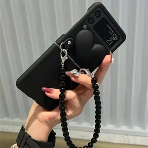 Cute Heart Charm Phone Case with Chain, Decorative Phone Protector Cover, Phone Accessories Compatible with Samsung Galaxy Z Flip 5 3 5G Z Flip3 Zflip3 Zflip4 Flip4, Casing