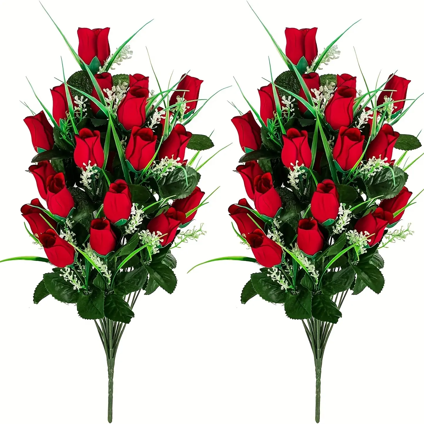 2pcs, Artificial Cemetery Flowers Bouquet With 2 Red Fake Roses For Cemetery Decoration, Outdoor Tomb Arrangement, Silk Funeral Flowers For Cemetery Vases. Decorative Plants flores elegantes