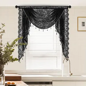 Black Sheer Lace Waterfall Window Valance with Bead Tassels Floral Embroidered Valance Curtains Semi Sheer Rod Pocket Valance/Swags for Bedroom/Living Room/Kitchen/Basement(Black,39"X41") Huierxun