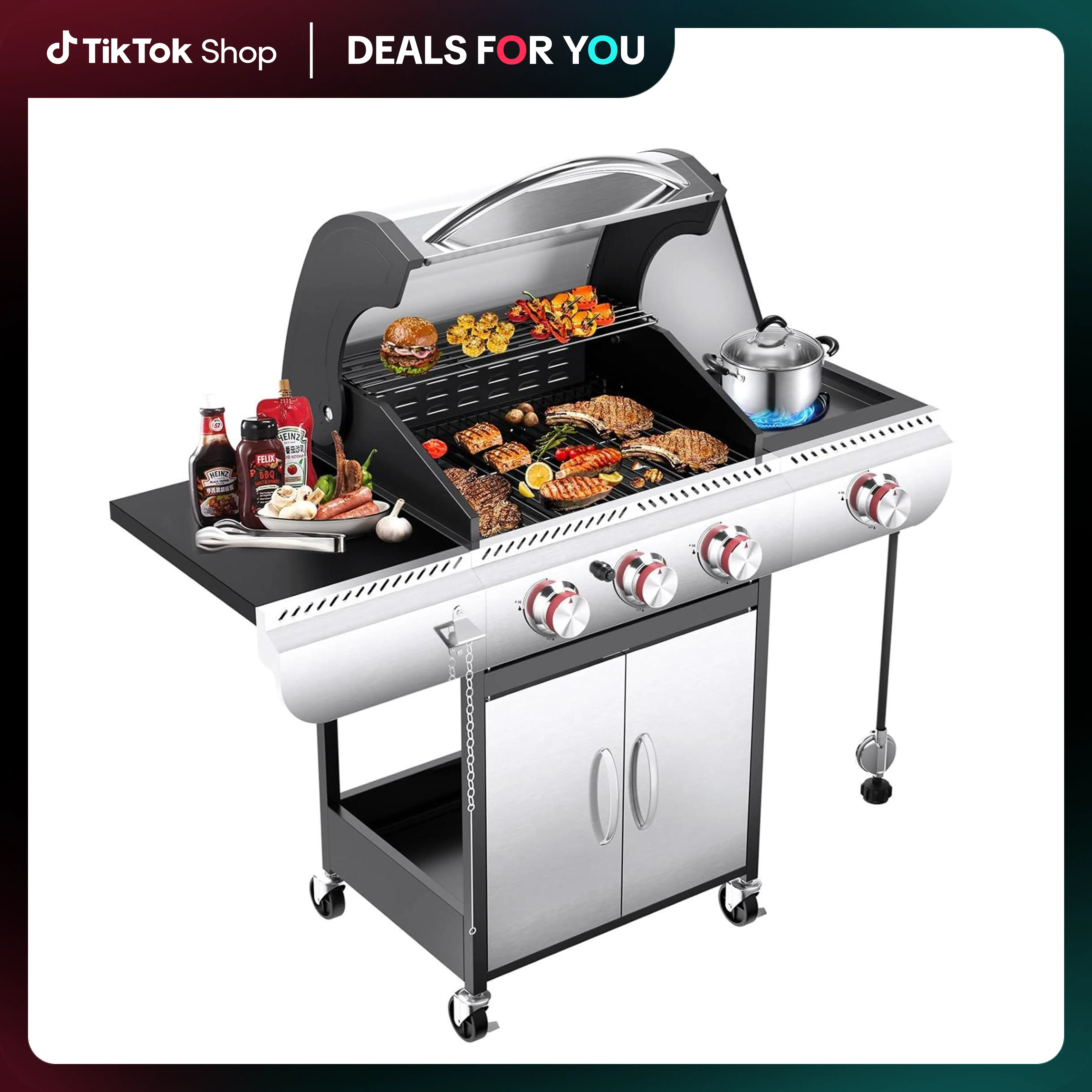 R.W.FLAME【Summer Vibes】 3 Burners Propane Gas Grill with Side Burner, 34000 BTU BBQ Grills for Outdoor Cooking, Enamel-coated Wire Grate, Removable Grease Tray, Barbecue Grill for Camping, Backyard, Patio, Deck Modern Dinner Stainless Steel Portable