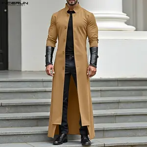 INCERUN Men's Gothic Assassin Cosplay Techwear Jacket - Faux Leather Spliced, Slim Fit, Minimalist, Autumn-Winter Woolen Stand Collar, Long Sleeve Black Stylish Jackets for Urban, Party