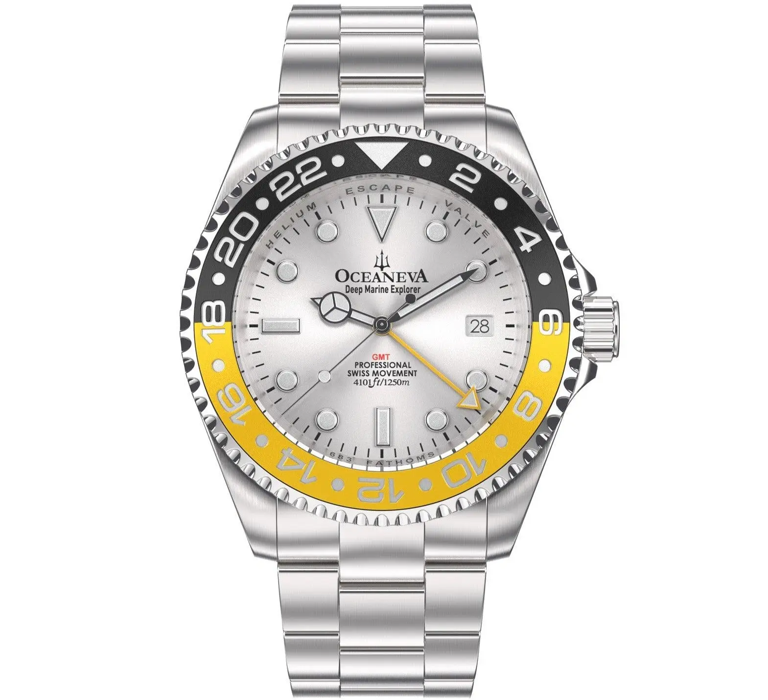 Oceaneva Men's GMT Deep Marine Explorer 1250M Pro Diver Silver Dial Watch with Yellow and Black Accents