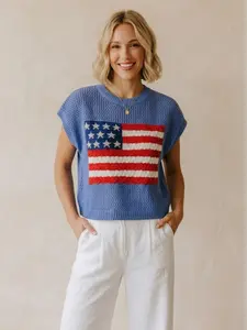 Women's 4th of July Patriotic American Flag Knit Sweater Shirt - Chic Bohemian Knitwear Fabric Apparel, Retro Stars and Stripes, Short Sleeve Crochet Pullover (Pair with Skirt for Festive Looks) fathersdaygift