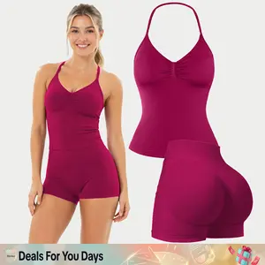 [SIZE UP 1] DEEFY Two-Piece Suit Impact Longline Strappy Top Impact Shorts Sports Yoga Impact Gymwear Tanks Seamless Shorts