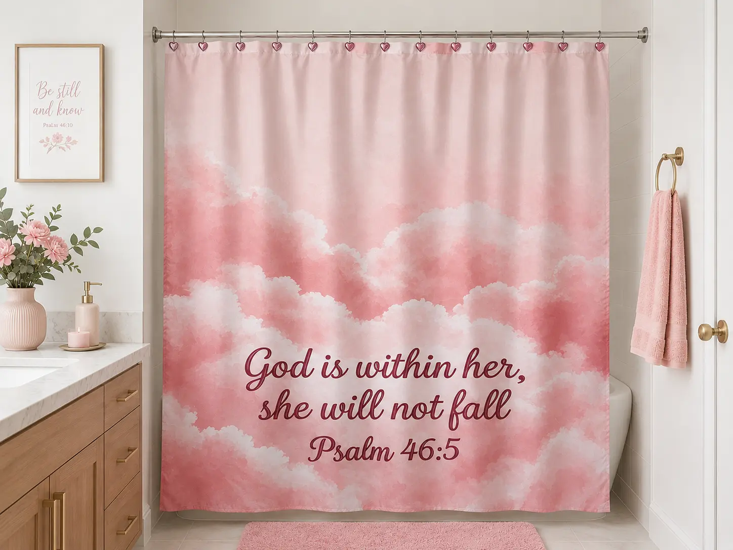 Psalm 46:5 God Is Within Her Pink Clouds Bathroom Shower Curtain, Home Supplies Decor Piece