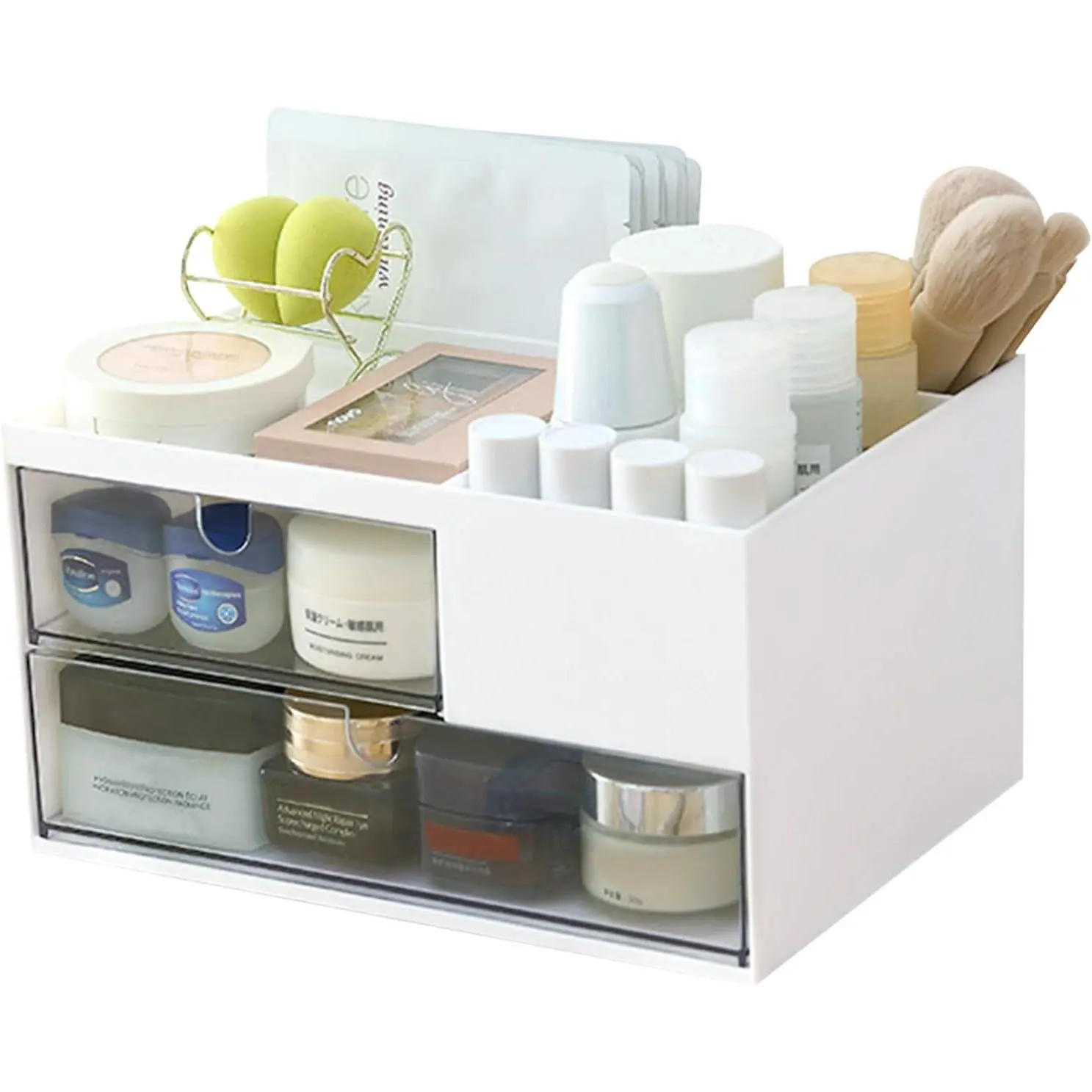 Makeup Organizer with 2 Drawers  Desk 4 Compartments Cosmetics Storage Box for nail polish Lipstick Brushes Jewelry Skincare Bathroom Organization Boxes - White