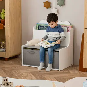 Montessori Kids Bookshelf with Reading Nook & Toy Storage, Low Open Bookcase for Toddlers, White Wood Nursery Display Shelf with 2 Fabric Bins, Independent Learning Furniture for Small Spaces