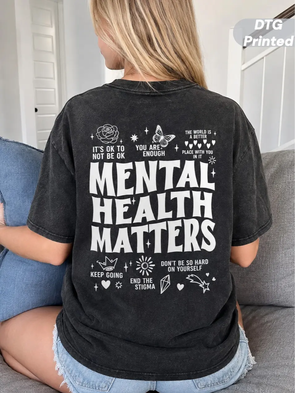MUSEBEAU Mental Health Matters" DTG Printed T-Shirt, Positive Affirmation Double-Sided Tee Heavyweight 100% Cotton  Loose-Fit Vintage Washed Graphic T-Shirt,Short-Sleeve Womenswear Top,Retro Streetwear Soft Breathable,Summer Outfit,back to school shopping