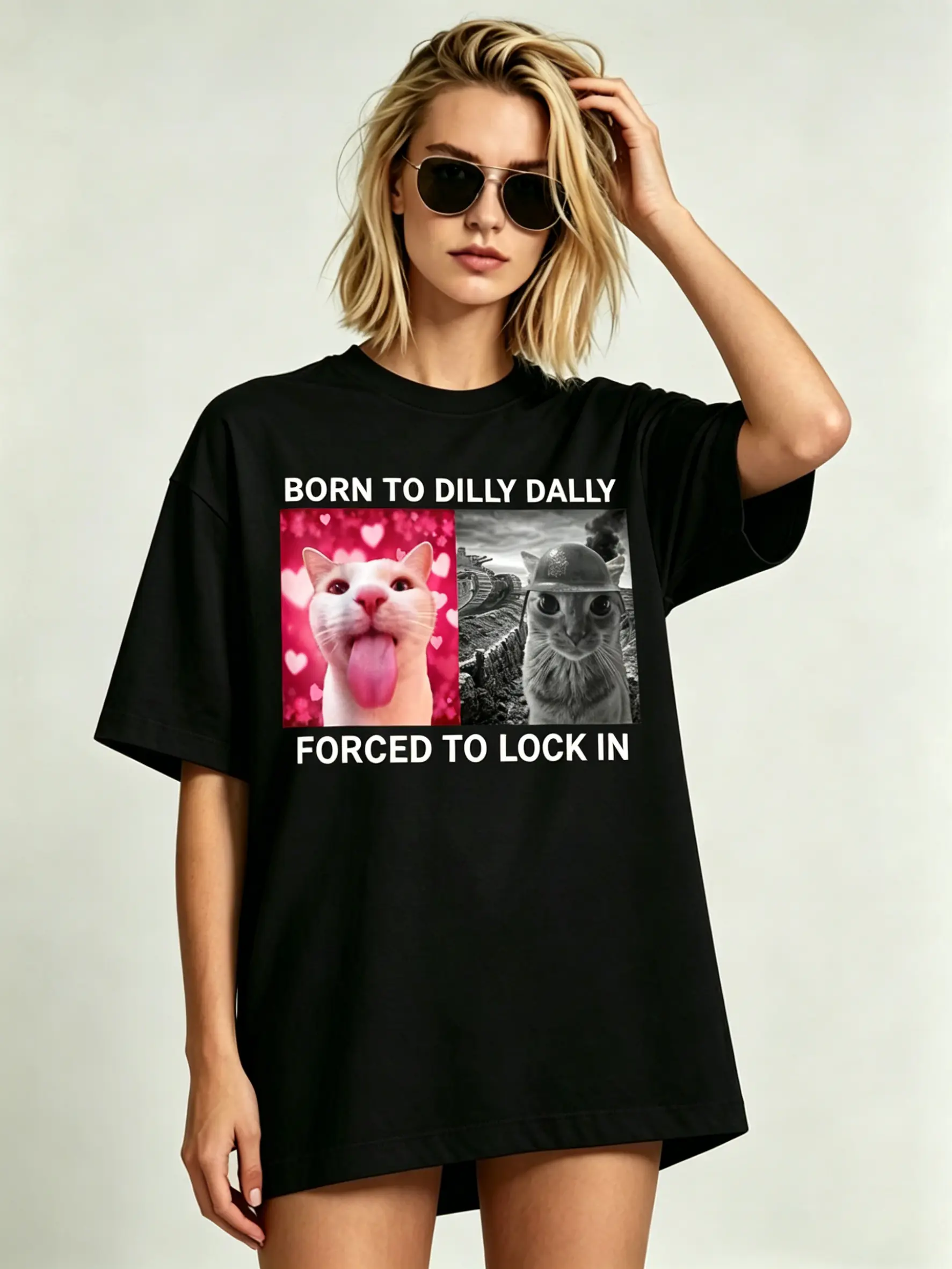 Streetwear Graphic T-Shirt with 'Born to Dilly Dally' Funny Cat Meme, Comfortable 100% Cotton Unisex Top for Casual Wear, Christmas, Fabric, Halloween, Thermal