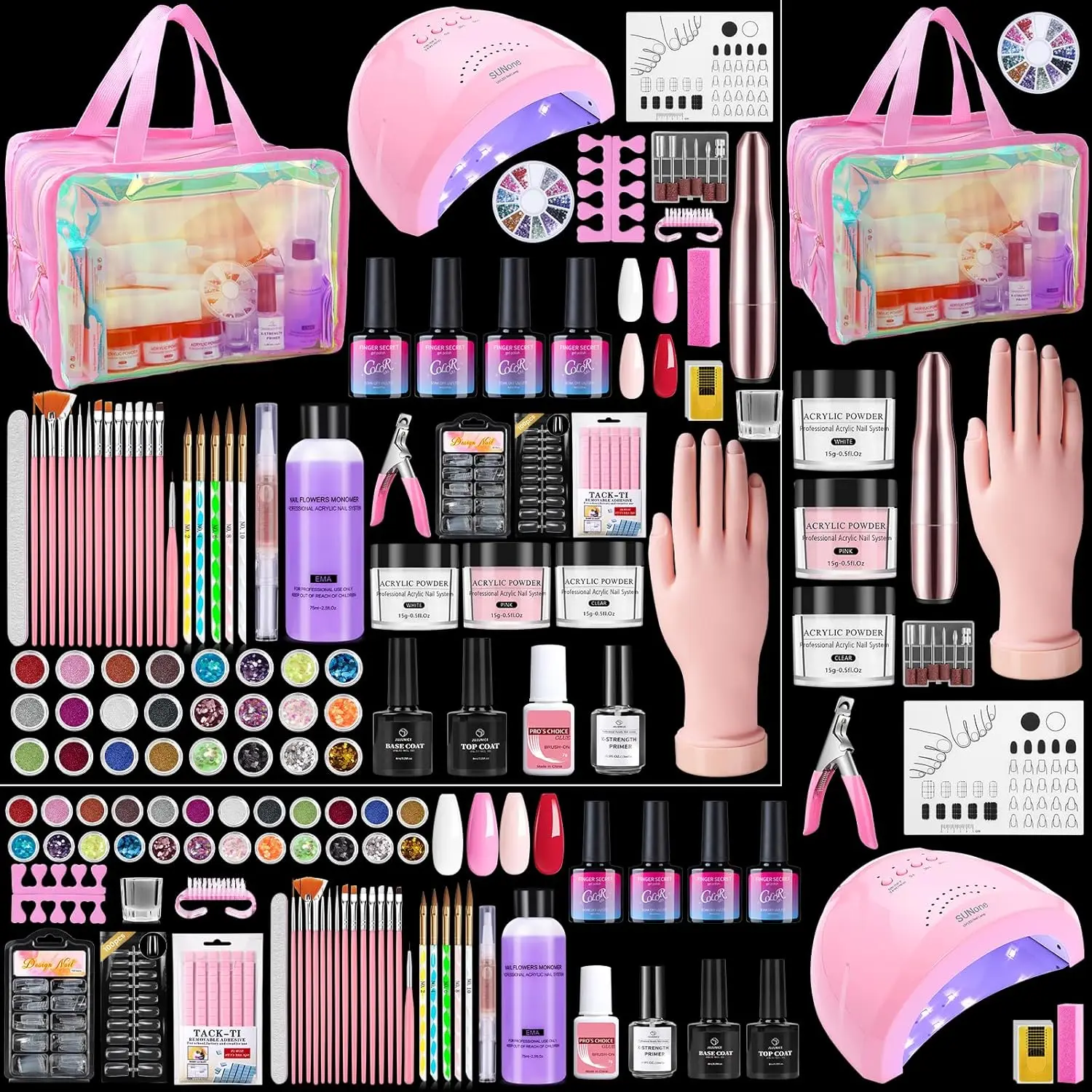 Nail Kit for Beginners with Everything: Practice Hand Acrylic Nail Kits Professional U/V Lamp Powder Drill Liquid Starter Set with Gel Polish in Cosmetic Gift Bag for Women Salon Home(Holo Pink), Nail Polish, Manicure