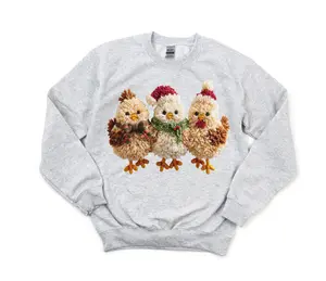 #394 - Faux Latch Hook Yarn Embroidery Santa Chicks Chicken, Christmas Holiday Shirt Design, Tee T-shirt Shirt Print Unisex Crewneck Sweatshirt Shirt Tshirt