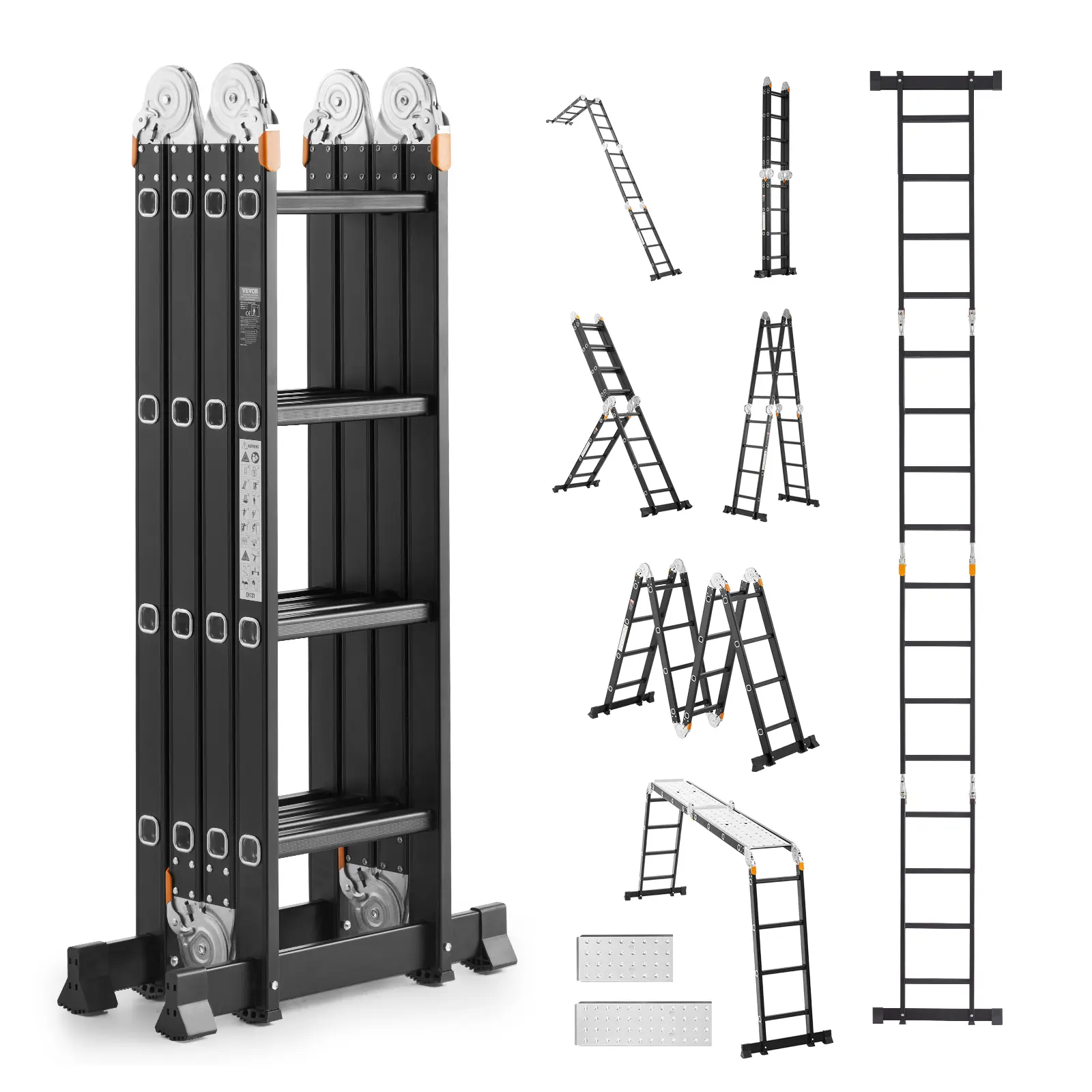 【summerfinds】VEVOR Multi-Purpose Folding Ladder, 7-in-1 Tall Extension Step Ladder, A Frame 4 Step with Scaffolding Plank Telescoping Ladder, 15.5ft Reach Height Heavy Duty , 330 lbs Capacity for Home Outdoor
