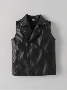Boys' Fall New Sleeveless Reversible Vest Jacket, Casual Vintage PU Leather Outerwear, Zip Up Coats, Medium to Large Kids Fashion