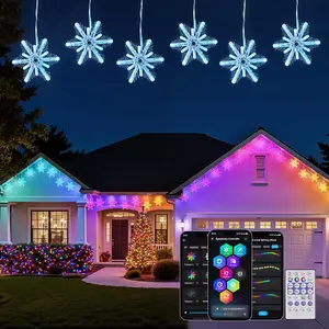Brightown Smart Christmas Snowflake Lights Outdoor, 24ft 192LED with 16 Drops Icicle Lights with APP Control & Music Sync, Waterproof Connectable, 80+ Scene Modes for Roof, Yard, Patio, Window