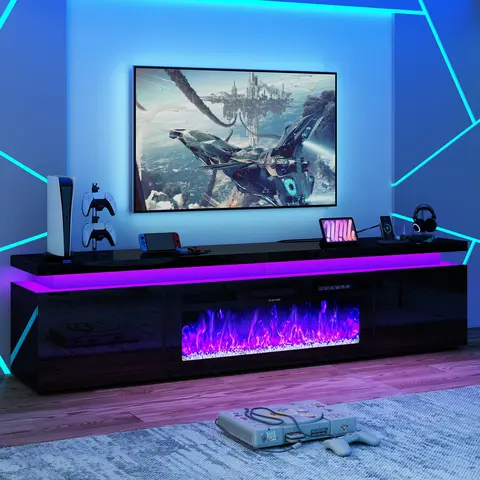 【2Packages Shipping】Fireplace LED TV Stand for 70/75/80/85/90/95/100 inch TV, with 40" / 50" Electric Fireplace & Power Outlet, High Gloss Surface, 2 Storage Cabinet, Modern Style for Living Room (83 Inch/71 Inch/91 Inch, White/Black)