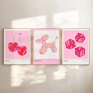 Retro Wall Art Print Set of 3, Pink Preppy Poster Set, Printable Trendy Wall Art, Girly Aesthetic Pink Red Exhibition Posters