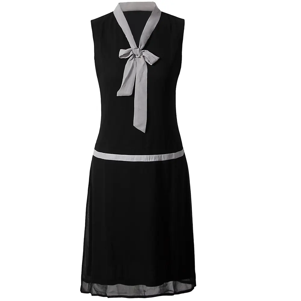 VIJIV Womens 1920s Midi Flapper Dress V Neck Grey Bow Roaring 20s Great Gatsby Dress