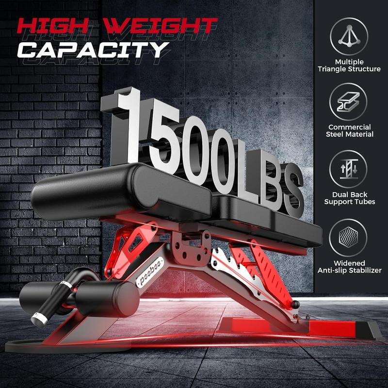 Pooboo Weight Bench, Adjustable Workout Bench for Home, 1500LBS Weight Capacity Heavy Duty Strength Training Bench, Flat/Incline/Decline Positions for Full Body Workout