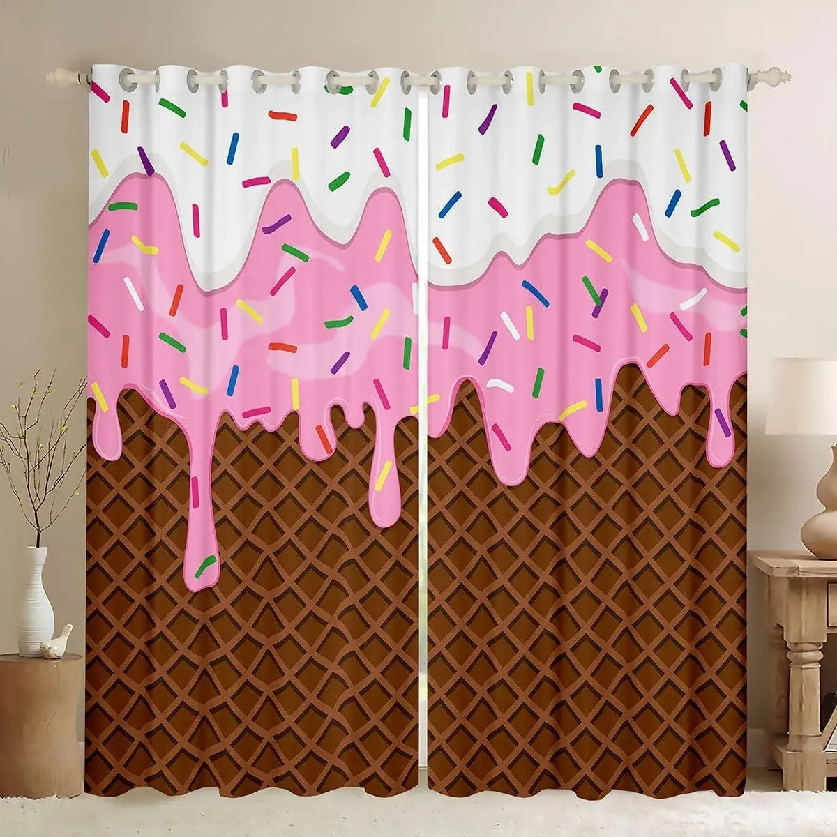 Feelyou Velvet Fabric Ice Cream Window Curtains - Chocolate Pink White Cream Cake Design, Colorful Candy Themed Sunlight Filter Drapes, Gentle Wash Care, Bedroom/Room Window Decor for Kids