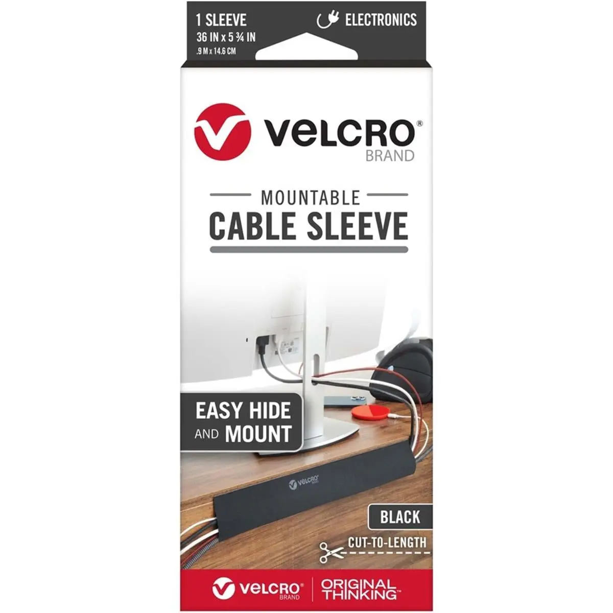 Cable Sleeve (VEK30799), 5.75x36 in. Indoor Mountable Cut-To-Length Velcro® Cable Organizer - Black, 2-Pack