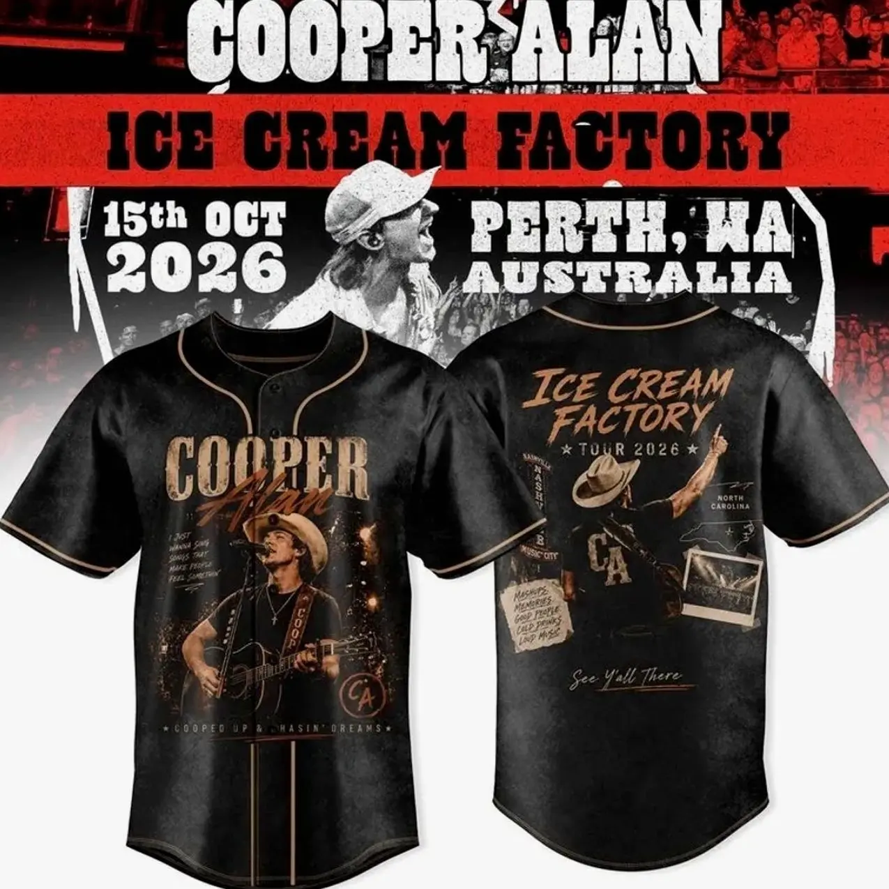 Cooper Alan Ice Cream Factory Cotton Short-Sleeve Breathable Baseball Jersey - Country Music Concert Merch, Unisex Sizes XS-5XL (Incl 4XL,5XL) All-Seasons Fan Collectible Gift