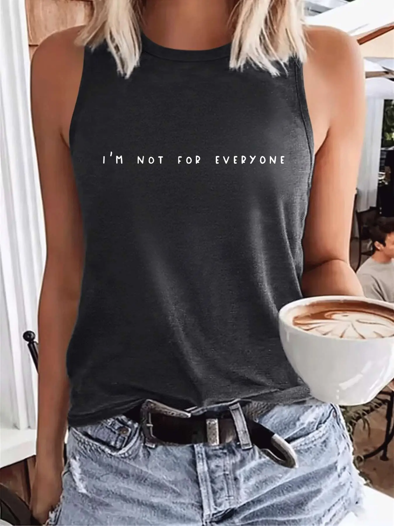 Letter Printed Women's Fitted Thin Round Neck Sleeveless Tank T-Shirt Top, Comfortable Soft Fabric, Casual Simple Design, Perfect for Daily Wear, Sleeveless Cami Tops, Camisole Tank Top