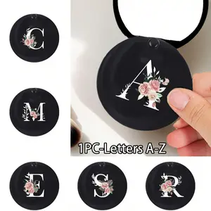 Stylish Black Round Mirror With Floral Initials - Designer Travel Accessories,Convenient Sliding Mini Mirror,Plastic Material, Wear-Resistant And Durable, Lightweight, Pocket Mirror, Mini Makeup Mirror,New Design,Suitable For Men And Women, Couples, For D